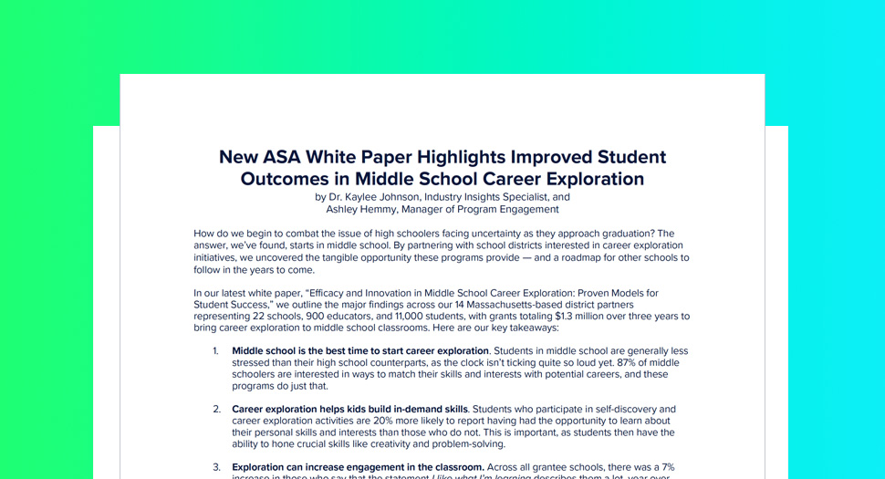 ASA White Paper Highlights Improved Student Outcomes in Middle School Career Exploration